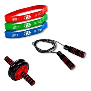 Set de 3 Bandas Elásticas + Lazo De Saltar + Rueda Abdominal K6