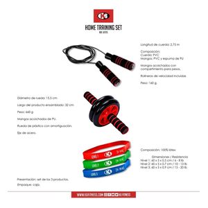 Set de 3 Bandas Elásticas + Lazo De Saltar + Rueda Abdominal K6