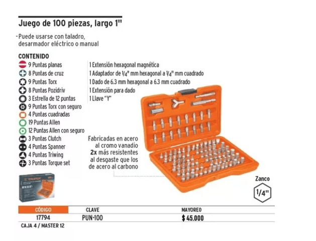 Juego de 100 puntas para Desarmador Truper