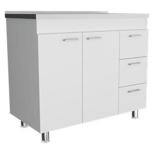 Gabinete Inferior Stella, Blanco Perla, con Dos Puertas Batientes y Tres Cajones Deslizables, con Mesón Izquierdo  ZF