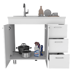 Gabinete Inferior Stella, Blanco Perla, con Dos Puertas Batientes y Tres Cajones Deslizables, con Mesón Izquierdo  ZF