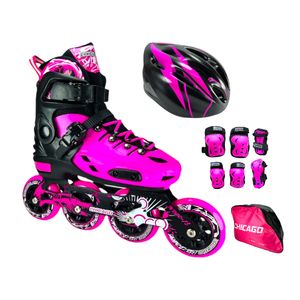 Combo Patines En Linea Semiprofesionales Chicago Magic Con Casco Y Protecciones Ajustables Fucsia