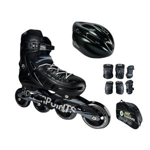 Combo Patines En Linea Semiprofesionales Roller Points Con Casco Y Protecciones Ajustables Negro