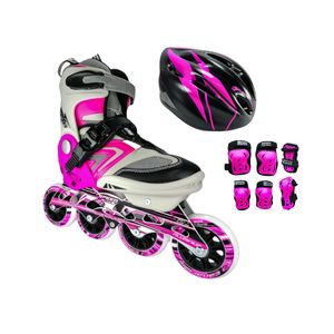 Combo Patines En Linea Semiprofesionales Canariam Speed Bolt Con Casco Y Protecciones Ajustables Fucsia