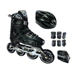 Combo Patines En Linea Semiprofesionales Chicago Magic Con Casco Y Protecciones Ajustables Negro