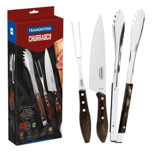 Juego para Asado Tramontina con Láminas de Acero Inoxidable y Mangos de Madera Tratada Polywood Castaño, 3 piezas
