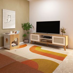 Combo Armario Bife Comoda Y Mesa Auxiliar Mascota Pet Color Roble Y Off White