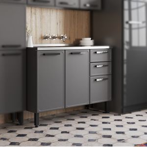 Mueble Inferior de cocina en acero 120 cm con Lavaplatos Central Gris
