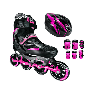 Combo Patines En Linea Semiprofesionales Canariam Roller Team Con Casco Y Protecciones Ajustables Fucsia