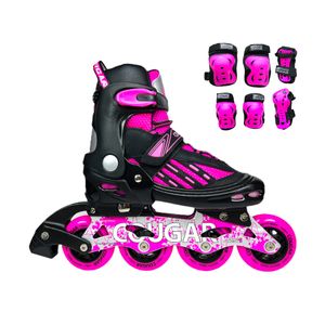 Combo Patines En Linea Semiprofesionales Cougar Ruedas Grandes Con Protecciones Ajustables Fucsia