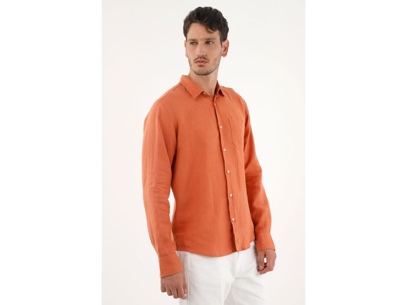 Camisa naranja en 100 lino para hombre Agaval