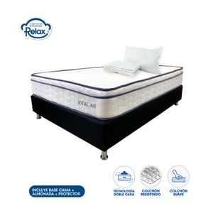 Colchón Semidoble con Base Cama Vital Air Colchones Relax 120x190x22cm Ortopédico Resortado Firmeza Suave + 1 Almohada + 1 Protector
