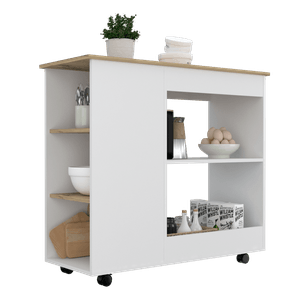 Mesa Auxiliar de Cocina Coralyn, Blanco y Cafe Claro, con tres entrepaños y rodachines