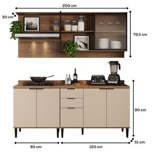 Cocina Integral en MDP 200cm con meson en MDP 6 puertas Beige con freijo