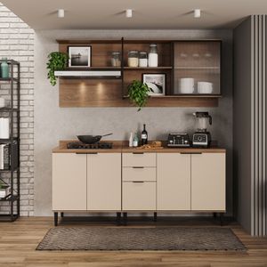 Cocina Integral en MDP 200cm con meson en MDP 6 puertas Beige con freijo