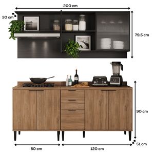 Cocina Integral en MDP 200cm con meson en MDP 6 puertas Freijo y grafito
