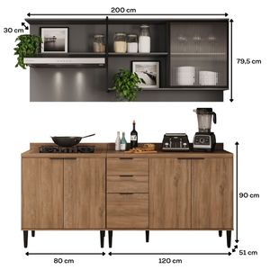 Cocina Integral en MDP 200cm con meson en MDP 6 puertas Freijo y gris