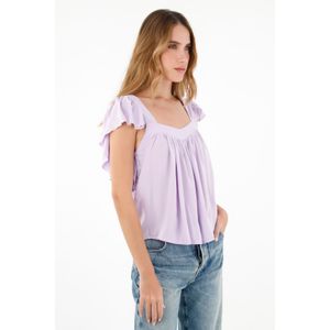Camisa morada de escote recto en chalis para mujer