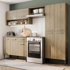 Cocina Integral en MDP 230cm con meson en MDP 9 puertas Roble