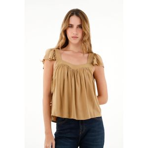 Camisa café de escote recto en chalis para mujer