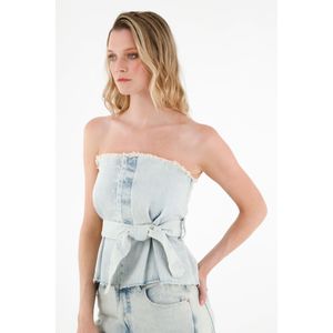 Camisa strapless en demin azul para mujer