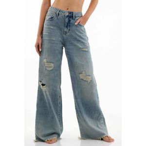 Jean azul wide leg con rotos para mujer