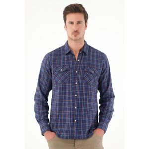 Camisa a cuadros cuello clásico azul para hombre