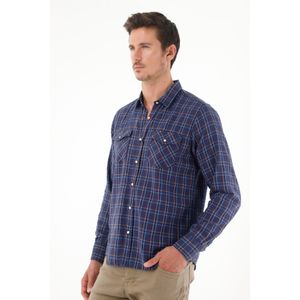 Camisa a cuadros cuello clásico azul para hombre