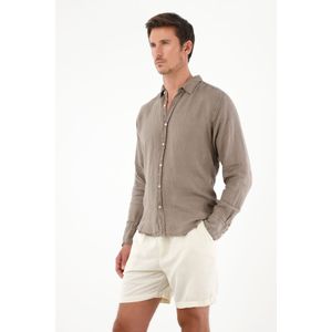 Camisa café 100% lino para hombre