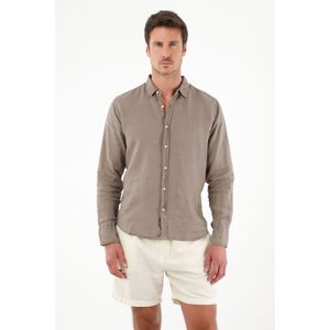 Camisa café 100% lino para hombre