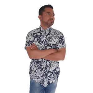 Camisa para Hombre GO Bzr en Chalis Hojas Azules con Manga Corta