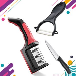 Set Afilador Cuchillos 3 En 1 + pelador de papa + cuchillo
