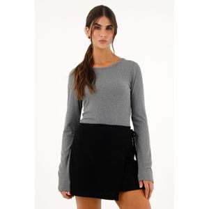Camiseta gris manga larga en rib para mujer