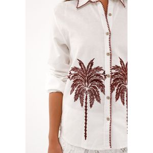 Camisa manga larga blanca con bordado de palmeras para mujer