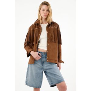 Chaqueta amplia café con flecos para mujer