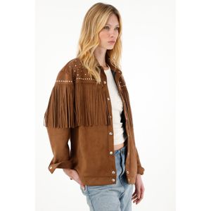 Chaqueta amplia café con flecos para mujer