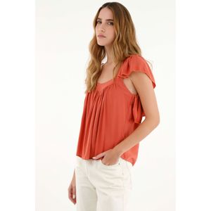 Camisa naranja de escote recto en chalis para mujer