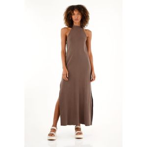 Vestido café largo en rib para mujer