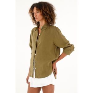 Camisa verde en 100% lino con aberturas para mujer
