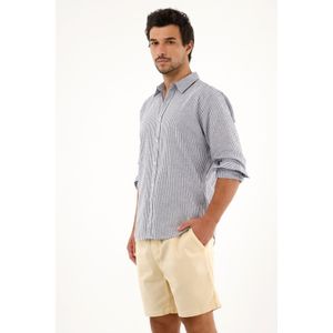 Camisa azul oscuro a rayas manga larga para hombre