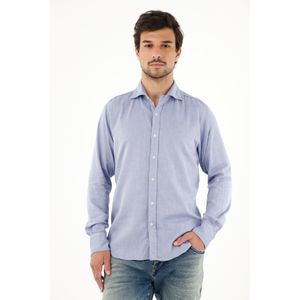 Camisa azul con diseño preteñido manga larga para hombre