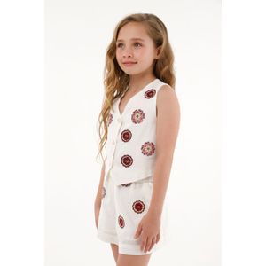 Chaleco con bordado de flores crudo para niña