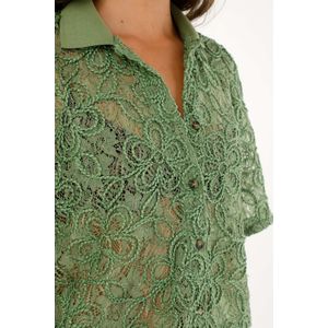 Camisa verde de cuello tipo polo con encaje para mujer