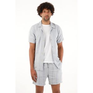 Camisa azul tipo bowling a rayas para hombre