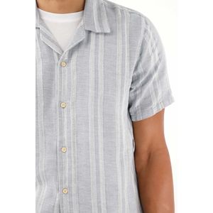 Camisa azul tipo bowling a rayas para hombre