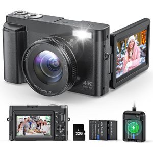 Cámara digital 4K para fotografía y video, enfoque automático, cámara de vlogging de 48MP para YouTube, cámara de pantalla abatible de 180° de 3