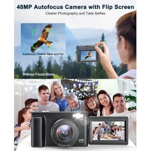 Cámara digital 4K para fotografía y video, enfoque automático, cámara de vlogging de 48MP para YouTube, cámara de pantalla abatible de 180° de 3
