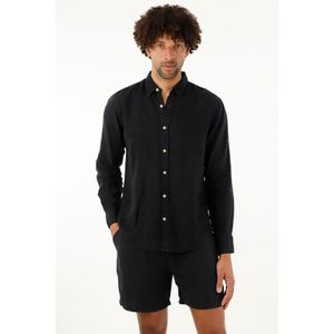 Camisa negra manga larga en lino 100% para hombre