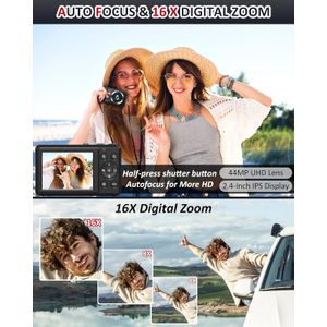Cámara digital - Cámaras digitales 4K 44MP UHD para fotografía - Cámara de enfoque automático para vlogging de apuntar y disparar con zoom de 16X