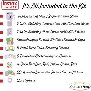 Fujifilm Cámara instantánea Instax Mini 12 con funda, calcomanías decorativas, marcos, álbum de fotos y más kit de accesorios (morado lila)